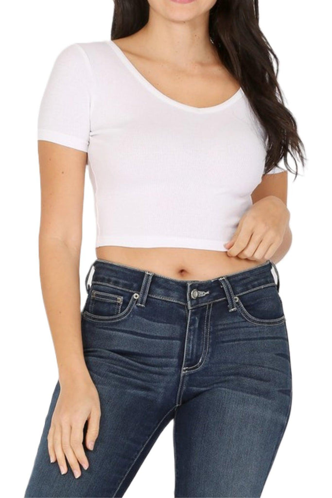 Women's Solid Baby Ribbed V-Neck Short Sleeve Crop T-Shirt FashionJOA