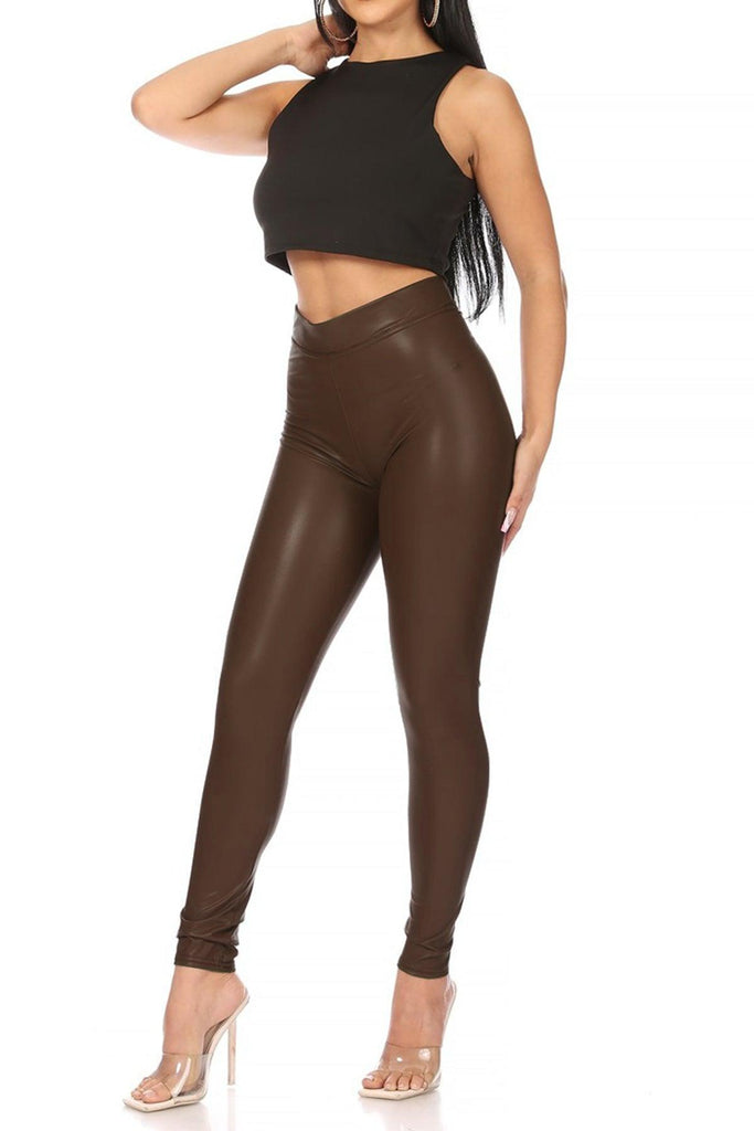 Women's Solid Faux Leather Leggings FashionJOA