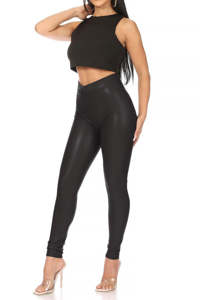 Women's Solid Faux Leather Leggings FashionJOA