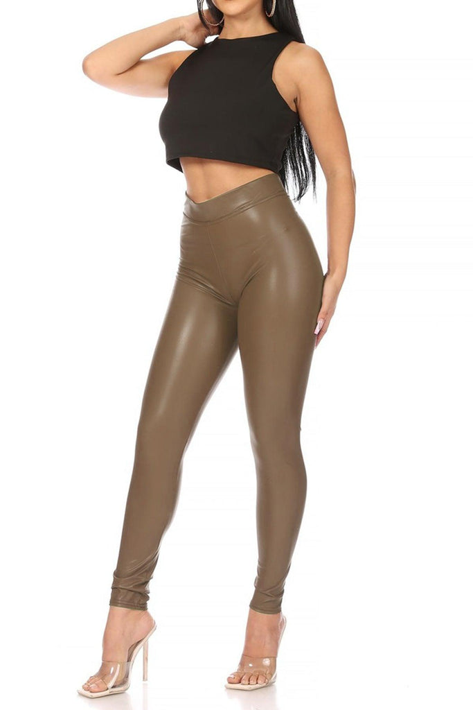 Women's Solid Faux Leather Leggings FashionJOA