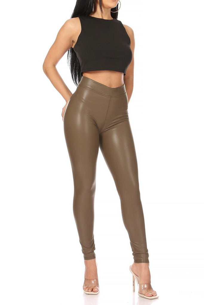 Women's Solid Faux Leather Leggings FashionJOA