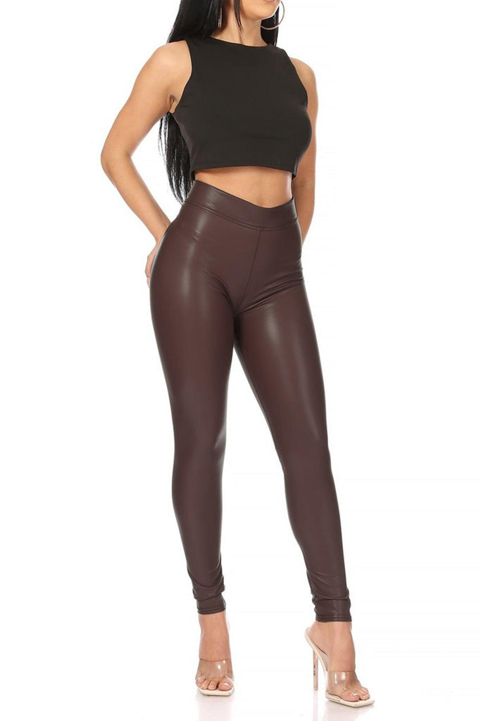 Women's Solid Faux Leather Leggings FashionJOA