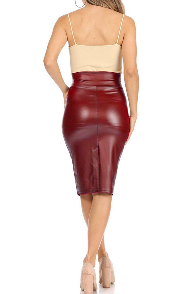 Women's Solid Fitted Faux Leather Knee Length Bodycon Pencil Skirt FashionJOA