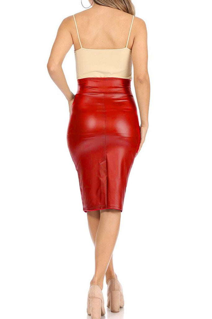 Women's Solid Fitted Faux Leather Knee Length Bodycon Pencil Skirt FashionJOA