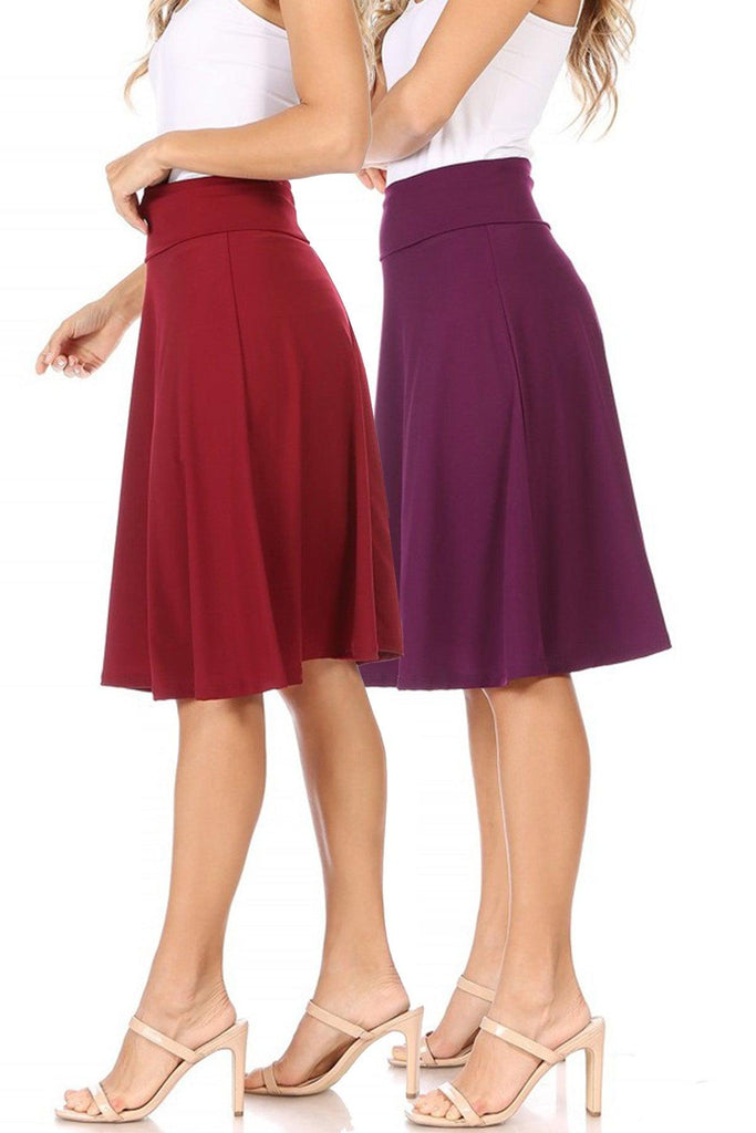 Women's Solid Flare A-line Midi Skirt with Elastic Waistband (Pack of 2) FashionJOA