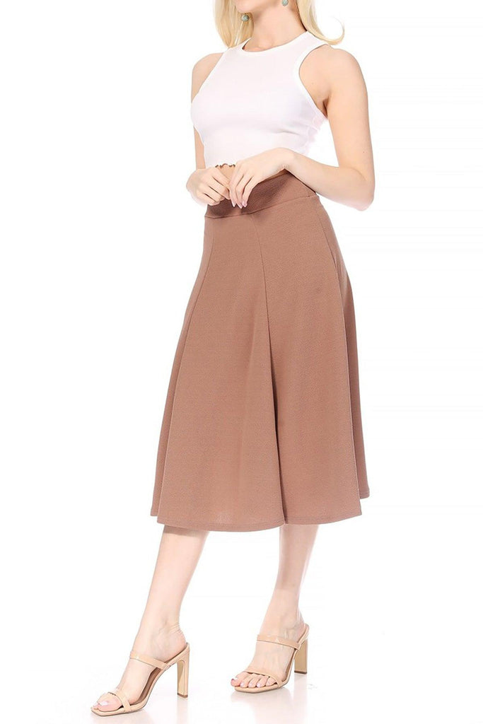 Women's Solid Flared Lightweight Elastic High Waist Long Midi A-line Skirt FashionJOA