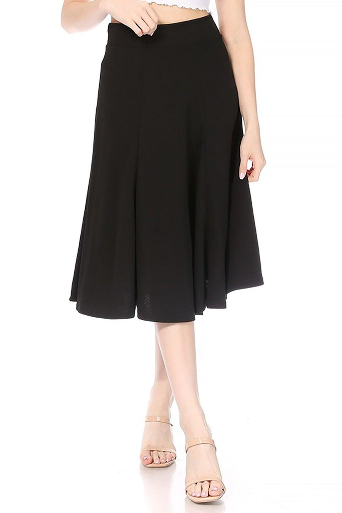 Women's Solid Flared Lightweight Elastic High Waist Long Midi A-line Skirt FashionJOA