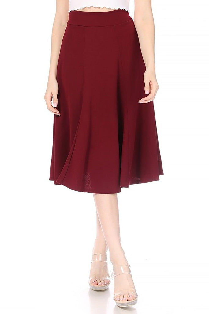 Women's Solid Flared Lightweight Elastic High Waist Long Midi A-line Skirt FashionJOA