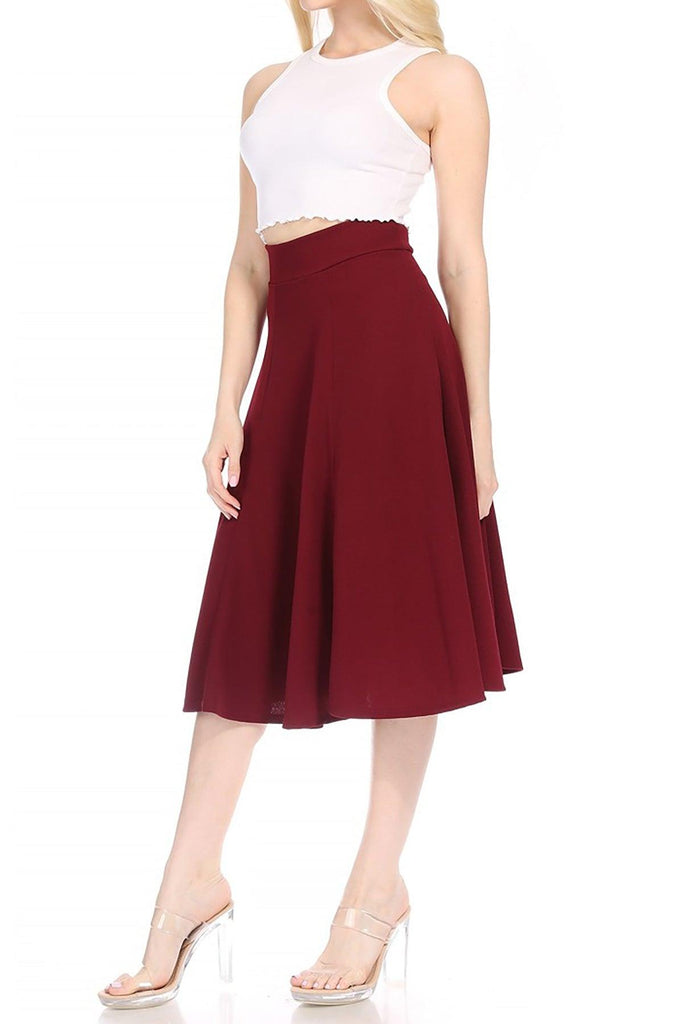 Women's Solid Flared Lightweight Elastic High Waist Long Midi A-line Skirt FashionJOA