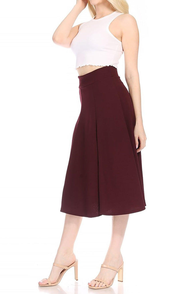 Women's Solid Flared Lightweight Elastic High Waist Long Midi A-line Skirt FashionJOA