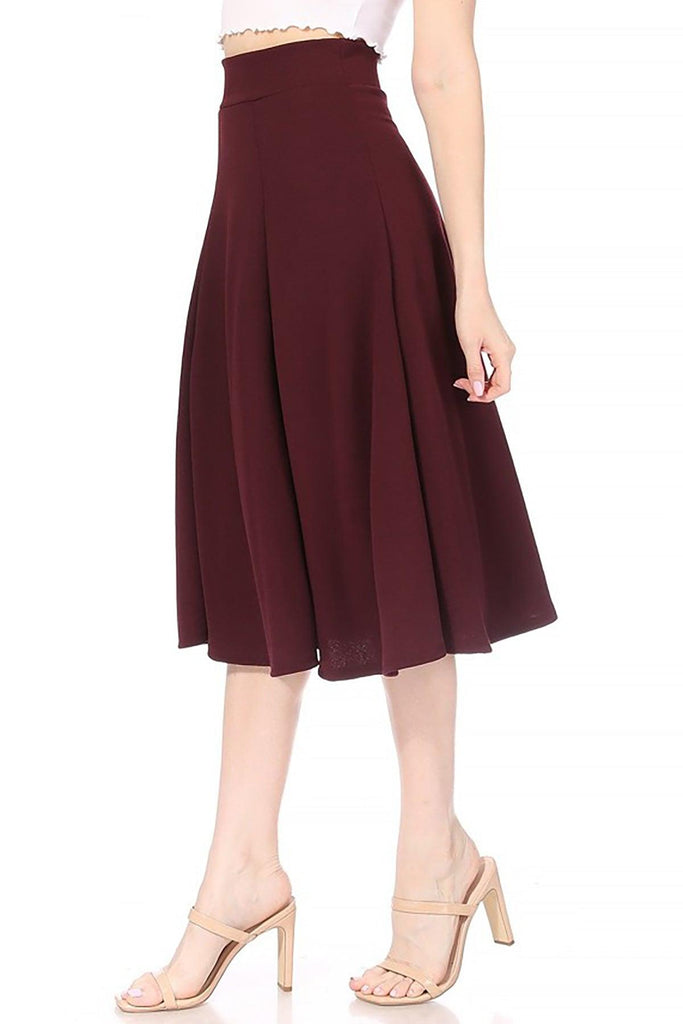 Women's Solid Flared Lightweight Elastic High Waist Long Midi A-line Skirt FashionJOA