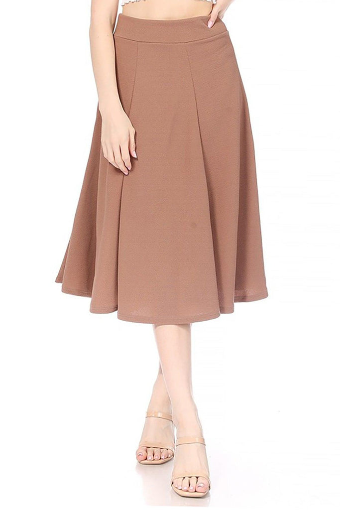 Women's Solid Flared Lightweight Elastic High Waist Long Midi A-line Skirt FashionJOA