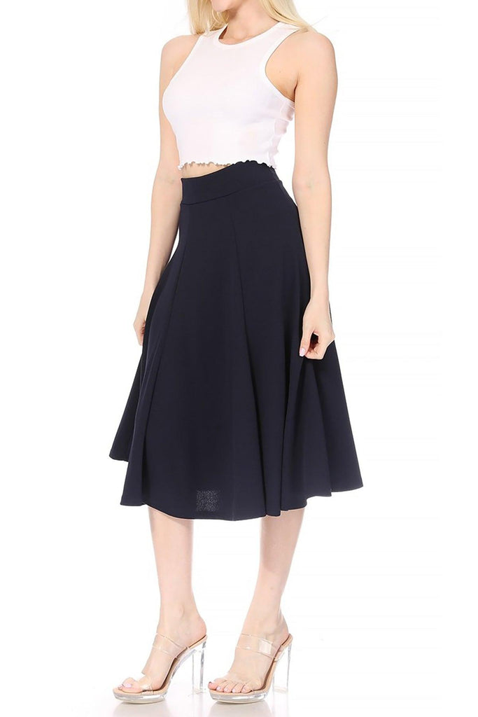 Women's Solid Flared Lightweight Elastic High Waist Long Midi A-line Skirt FashionJOA