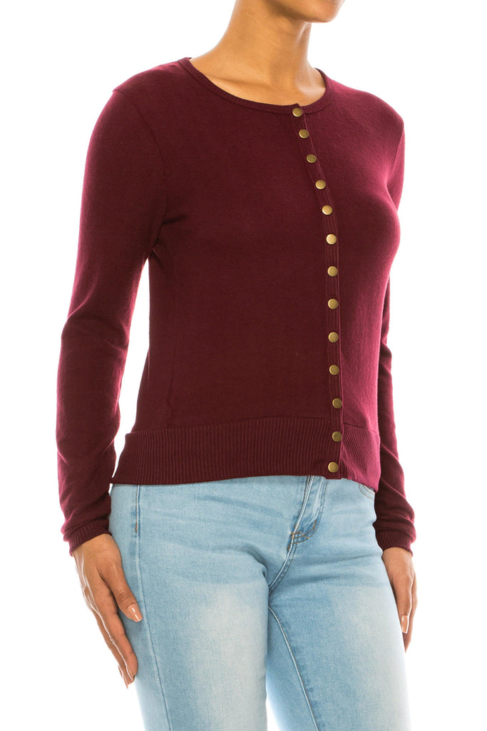 Women's Solid Long Sleeve Crew Neck Snap Button Soft Lightweight Sweater Cardigan FashionJOA