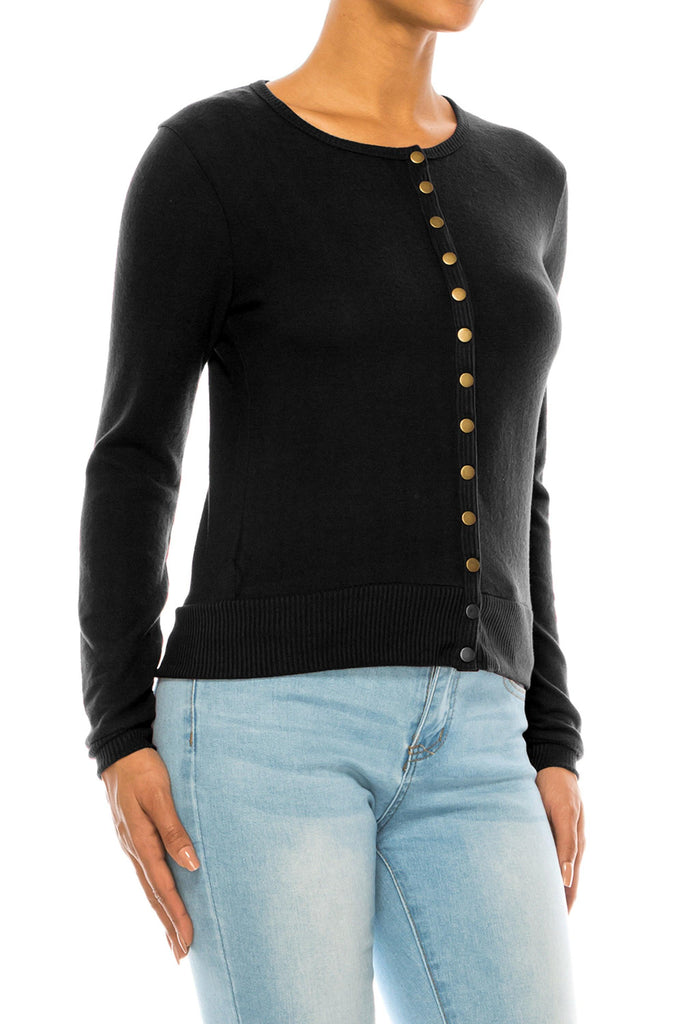 Women's Solid Long Sleeve Crew Neck Snap Button Soft Lightweight Sweater Cardigan FashionJOA