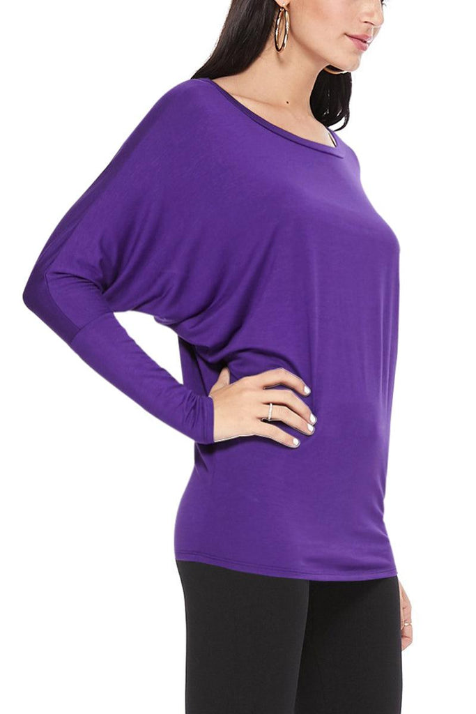 Women's Solid Long Sleeve Jersey Dolman Style Boat Neck Casual Top S-3XL FashionJOA