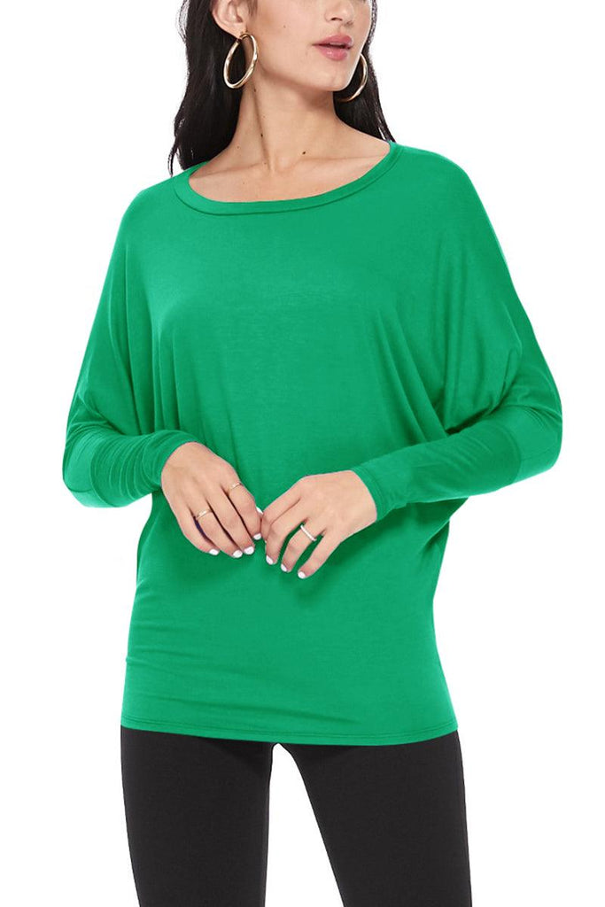 Women's Solid Long Sleeve Jersey Dolman Style Boat Neck Casual Top S-3XL FashionJOA