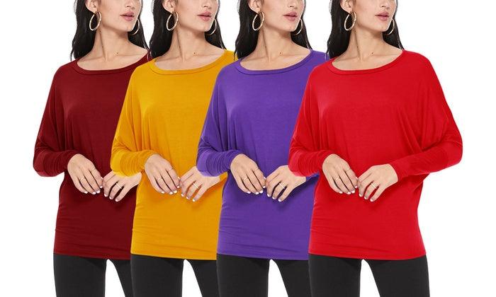 Women's Solid Long Sleeve Jersey Dolman Style Boat Neck Casual Top S-3XL FashionJOA