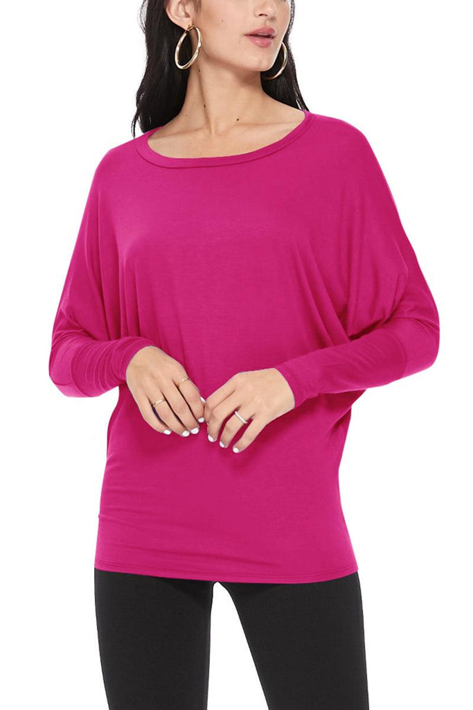 Women's Solid Long Sleeve Jersey Dolman Style Boat Neck Casual Top S-3XL FashionJOA