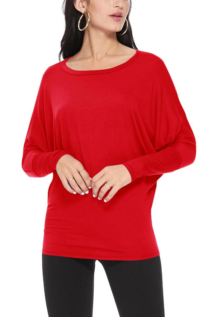 Women's Solid Long Sleeve Jersey Dolman Style Boat Neck Casual Top S-3XL FashionJOA