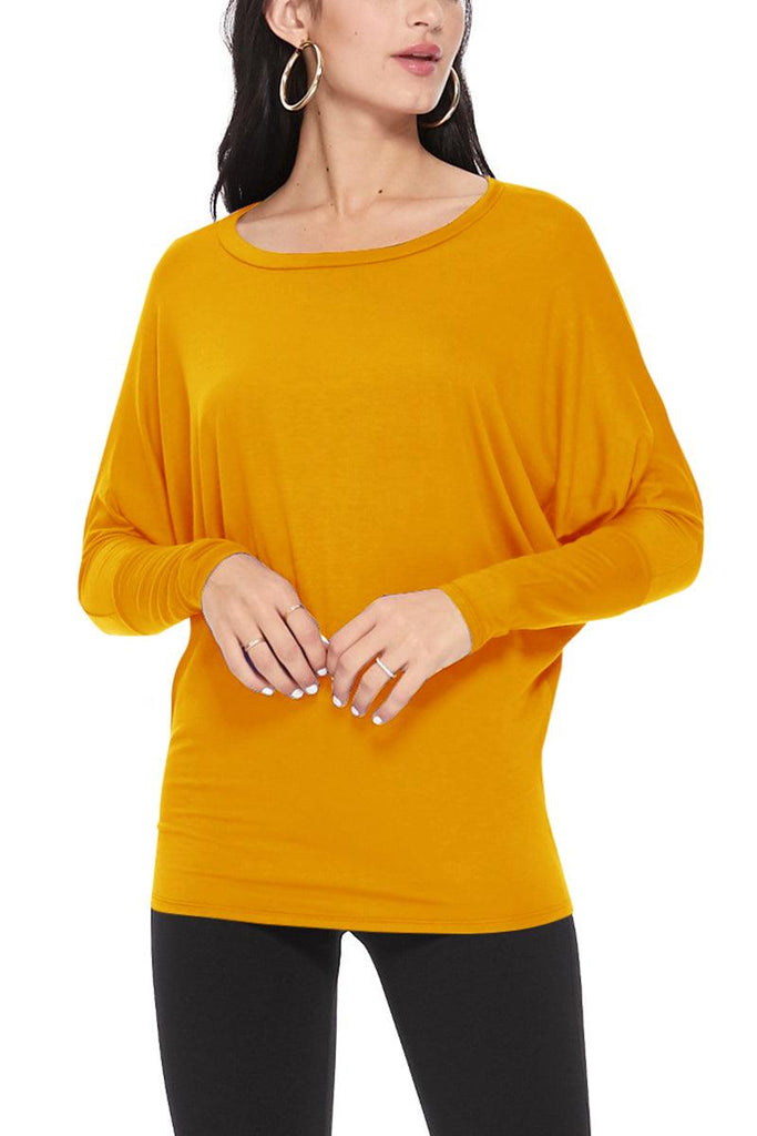 Women's Solid Long Sleeve Jersey Dolman Style Boat Neck Casual Top S-3XL FashionJOA