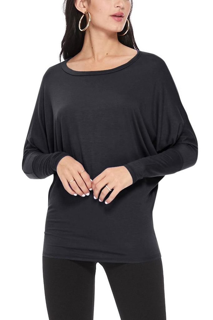 Women's Solid Long Sleeve Jersey Dolman Style Boat Neck Casual Top S-3XL FashionJOA