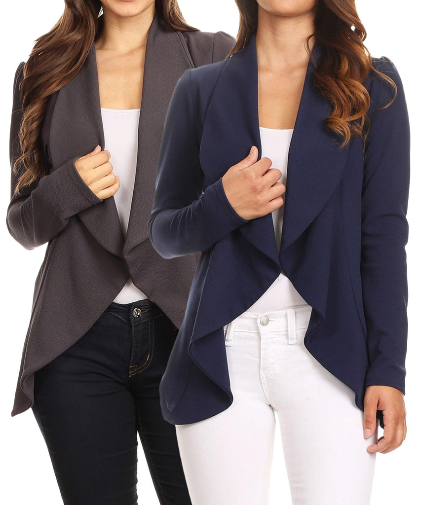 Women's Solid Long Sleeve Waist Length Open Front Office Blazer Pack of 2 FashionJOA