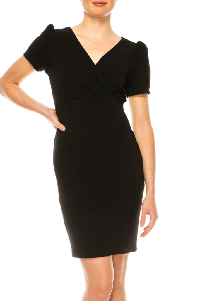 Women's Solid Sheath Dress with a Deep V-Neckline and Puff Sleeves FashionJOA