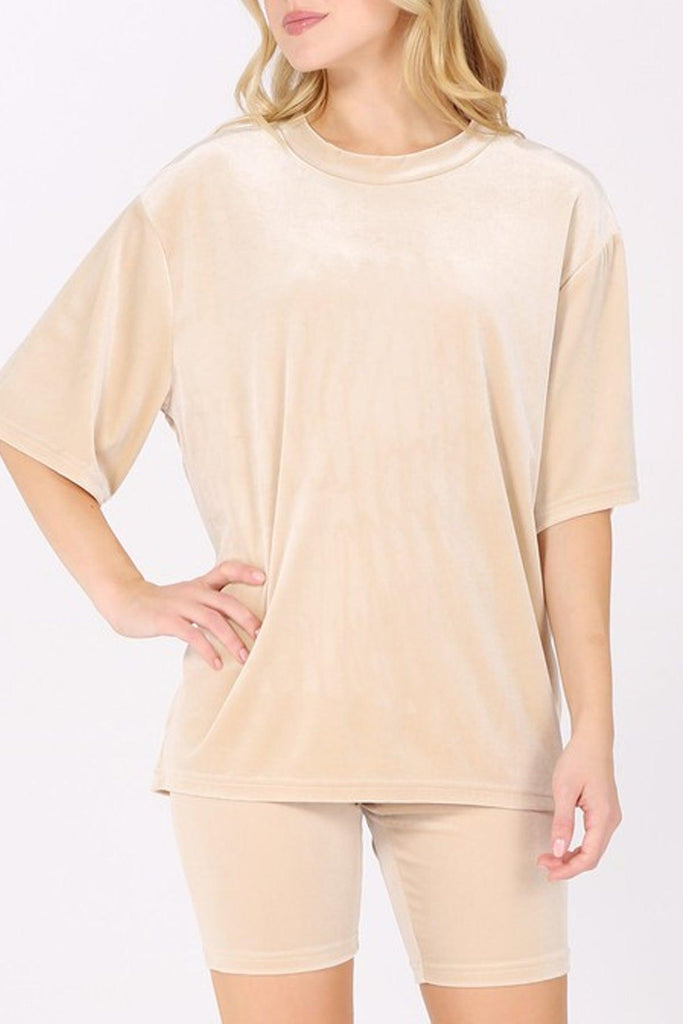 Women's  Solid Velour Oversized T-Shirt and Biker Shorts Set FashionJOA