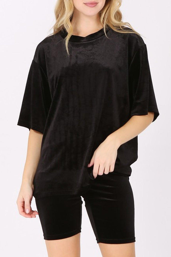 Women's  Solid Velour Oversized T-Shirt and Biker Shorts Set FashionJOA