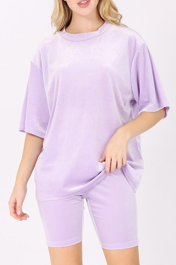 Women's  Solid Velour Oversized T-Shirt and Biker Shorts Set FashionJOA