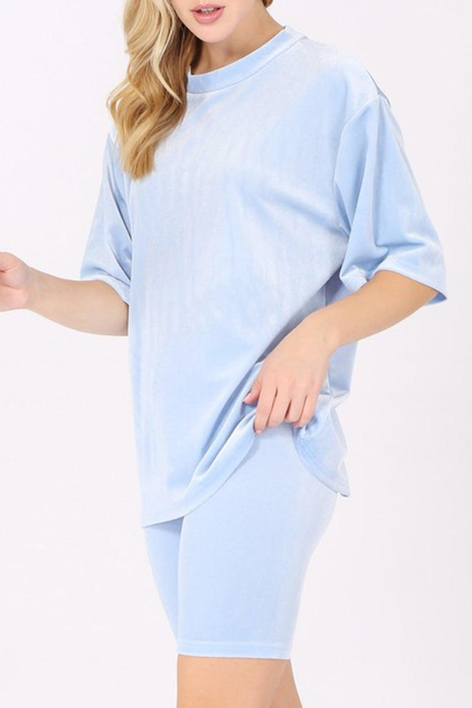 Women's  Solid Velour Oversized T-Shirt and Biker Shorts Set FashionJOA