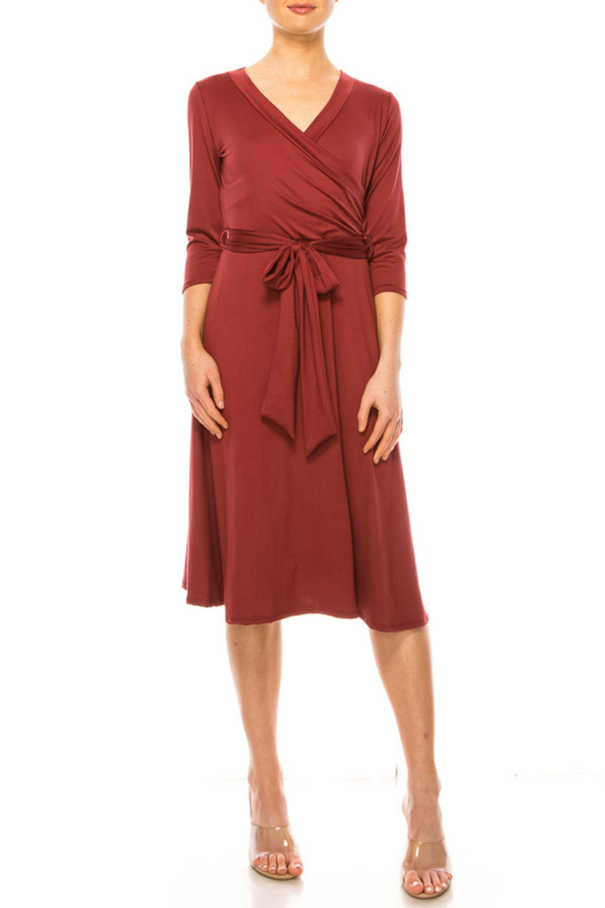 Women's Solid Wrap Dress 3/4 Sleeve V Neck Waist Tie FashionJOA