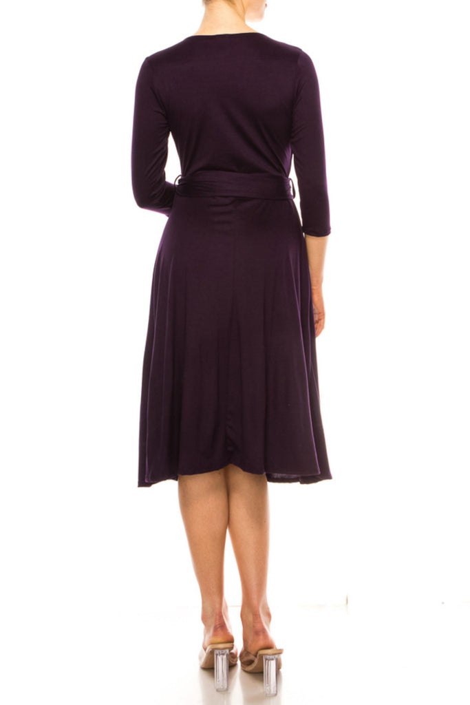 Women's Solid Wrap Dress 3/4 Sleeve V Neck Waist Tie FashionJOA