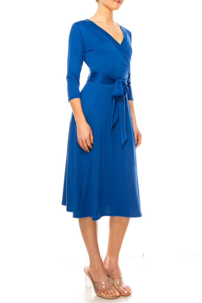 Women's Solid Wrap Dress 3/4 Sleeve V Neck Waist Tie FashionJOA