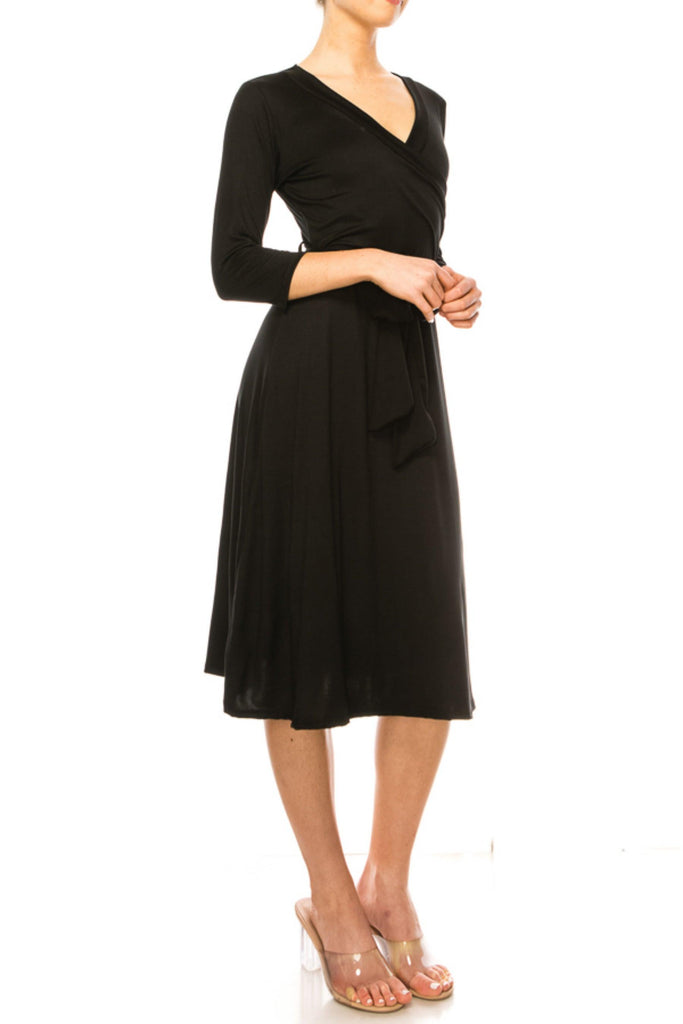 Women's Solid Wrap Dress 3/4 Sleeve V Neck Waist Tie FashionJOA