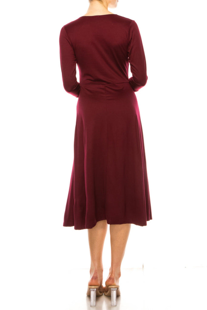 Women's Solid Wrap Dress 3/4 Sleeve V Neck Waist Tie FashionJOA