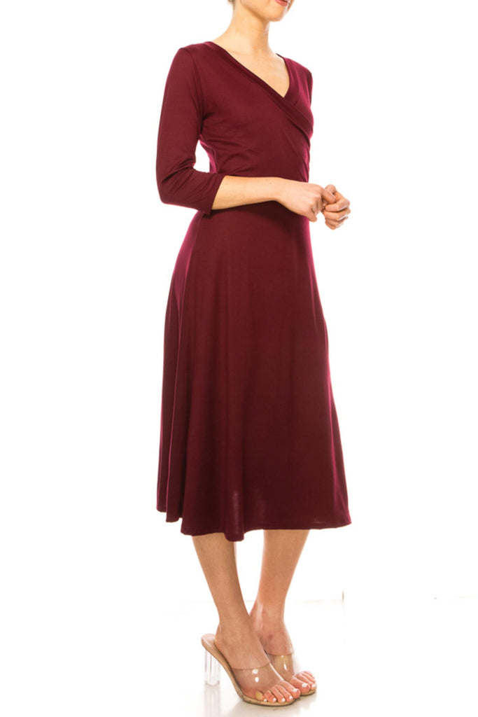 Women's Solid Wrap Dress 3/4 Sleeve V Neck Waist Tie FashionJOA