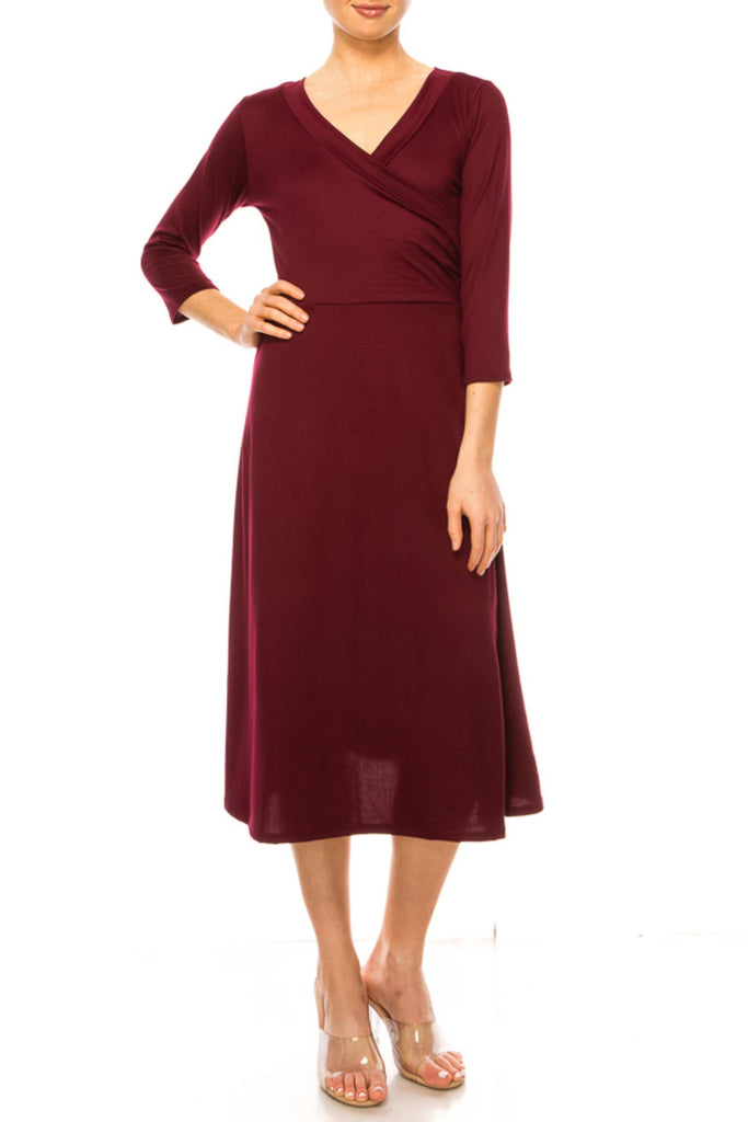 Women's Solid Wrap Dress 3/4 Sleeve V Neck Waist Tie FashionJOA