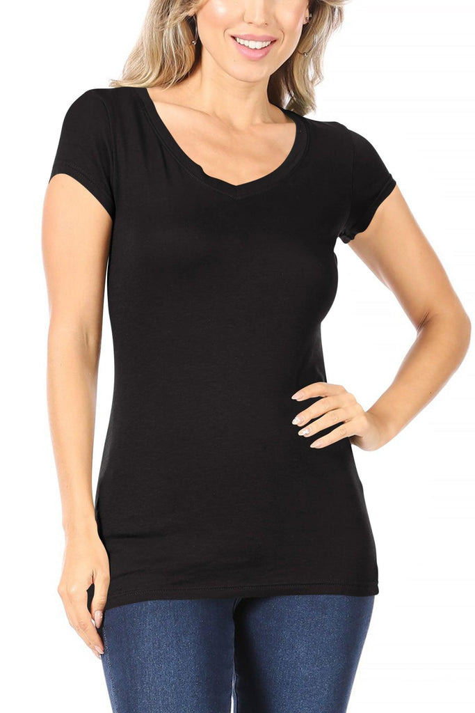 Women's Solid basic V-neck short sleeve tee FashionJOA