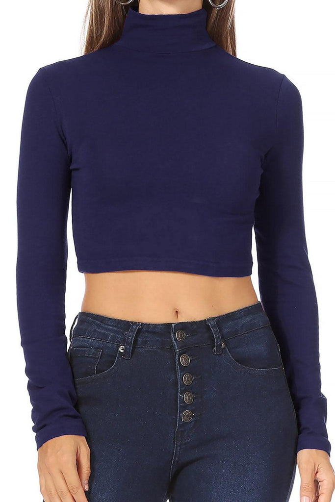 Women's Solid long sleeve turtle neck crop top FashionJOA