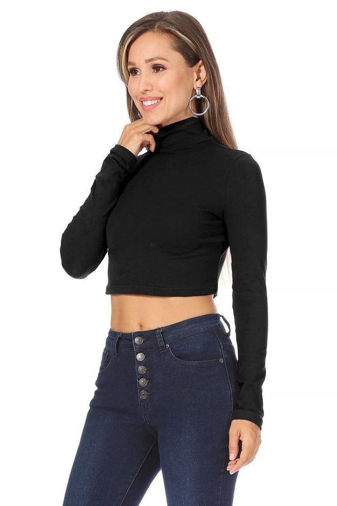 Women's Solid long sleeve turtle neck crop top FashionJOA