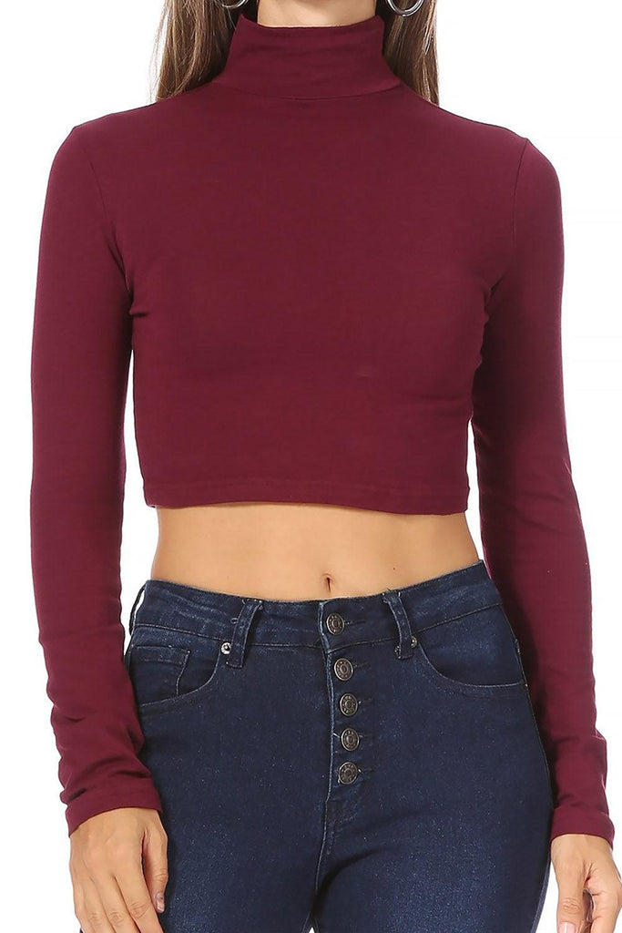 Women's Solid long sleeve turtle neck crop top FashionJOA