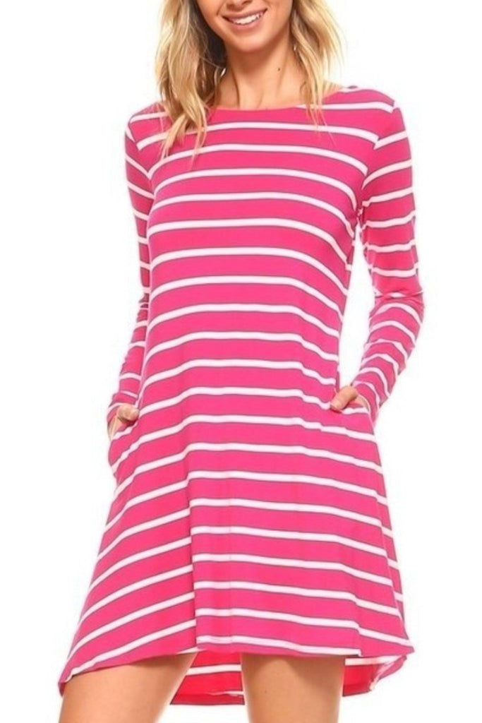 Women's Striped A-Line Pockets Long Sleeves Relaxed Fit Top FashionJOA